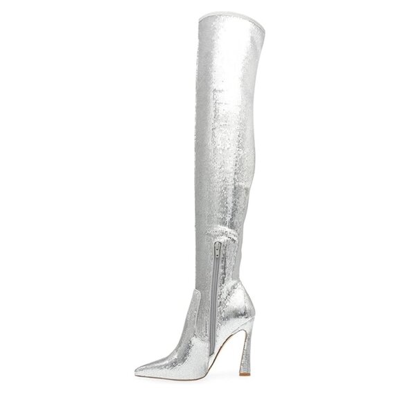 NEW Steve Madden Laddy Sequin Over-The-Knee Stiletto Boots in Silver Sz. 5.5 - Picture 6 of 6